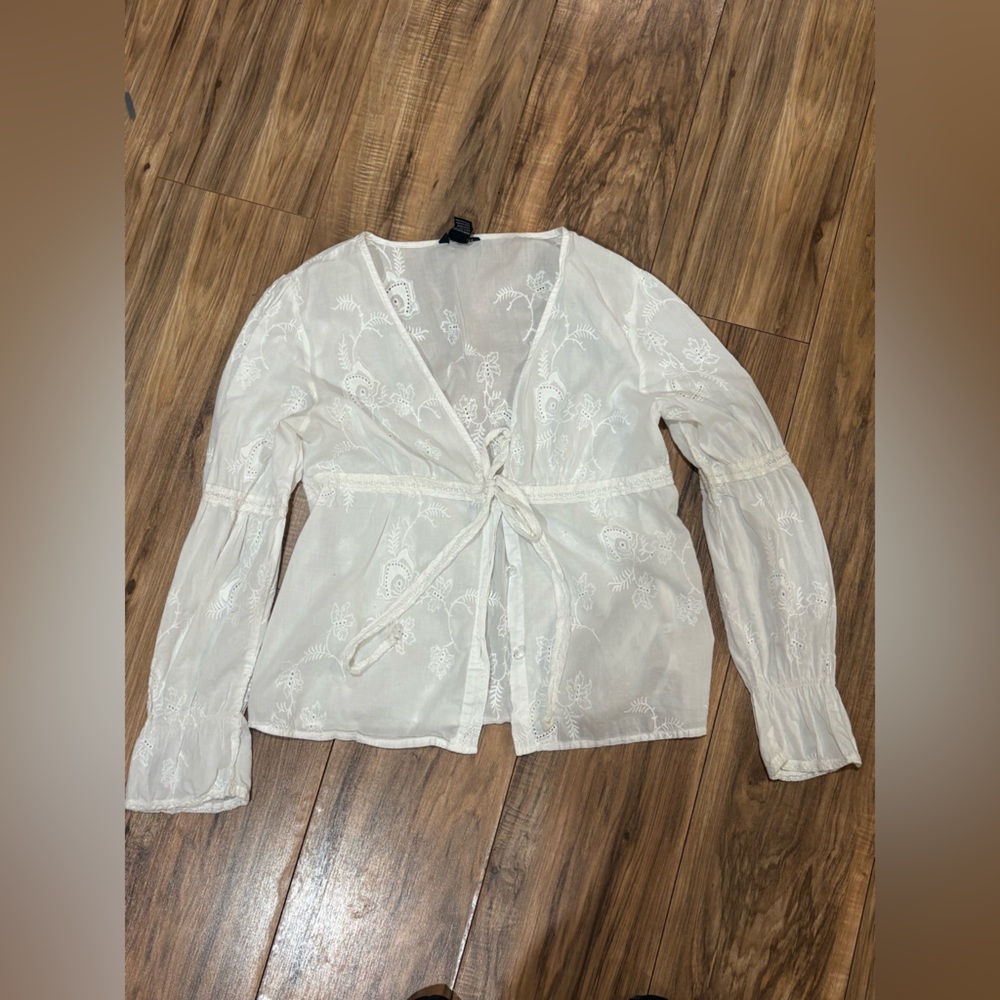 True Grit White Embroidered Tie-Front  Blouse